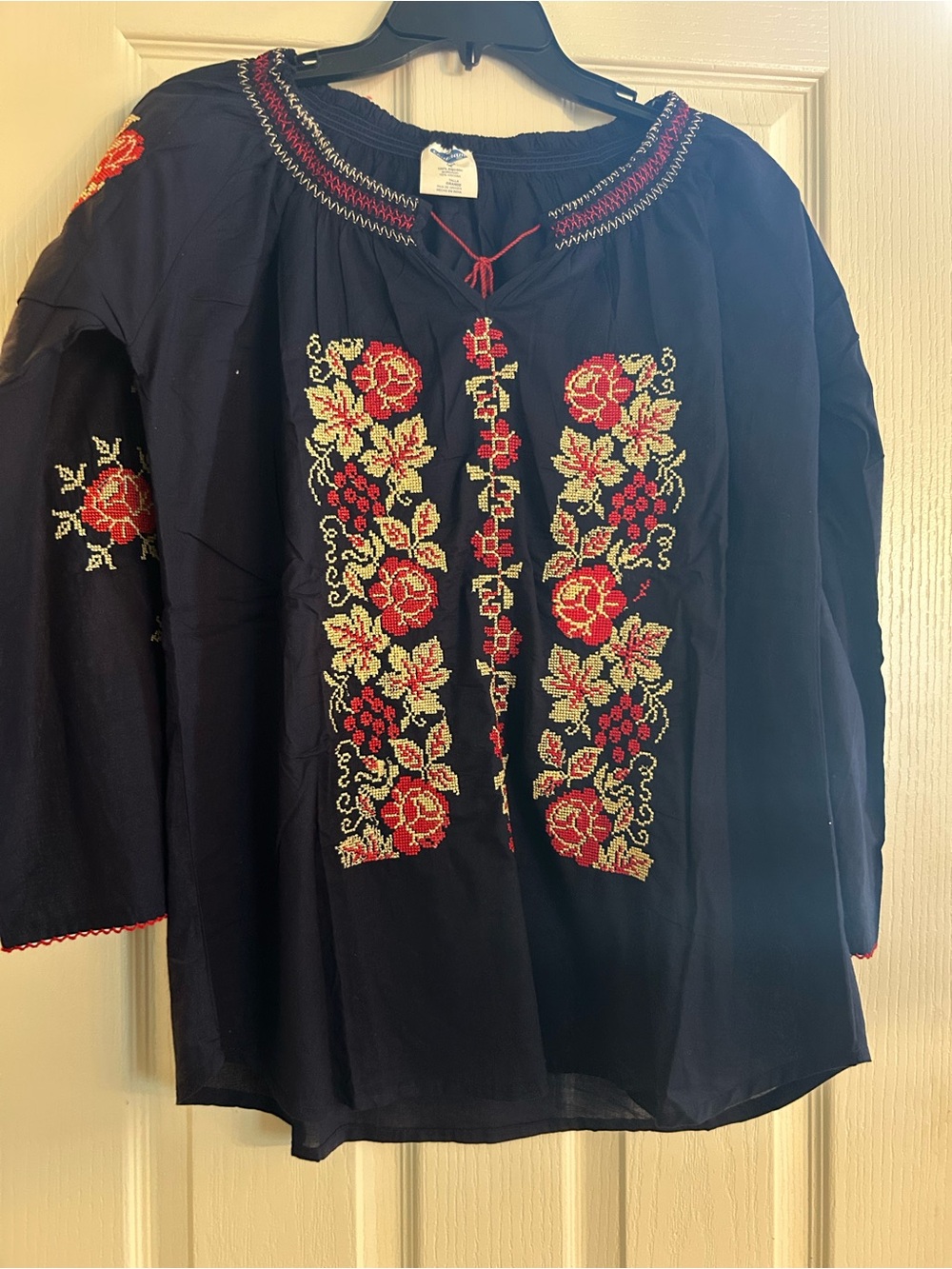Embroidered Floral Peasant Blouse in Navy with Red & Cream Accents